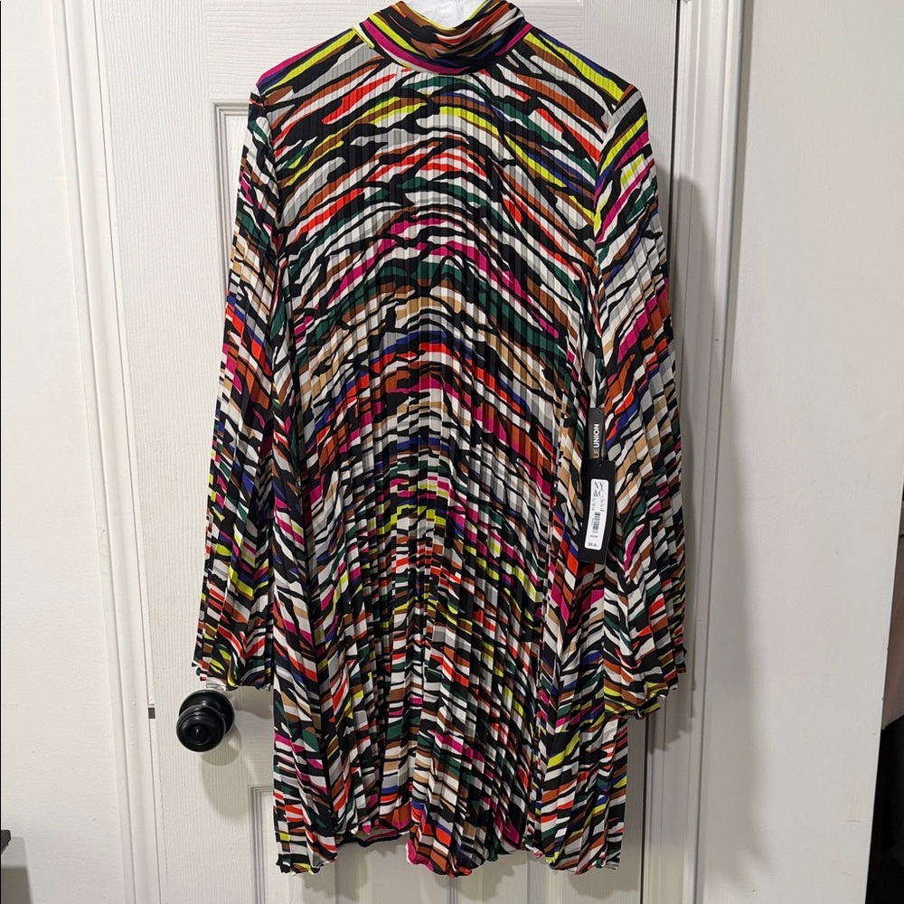 Gabrielle Union Multicolor Striped Mini Dress with High Neck pleated flowy